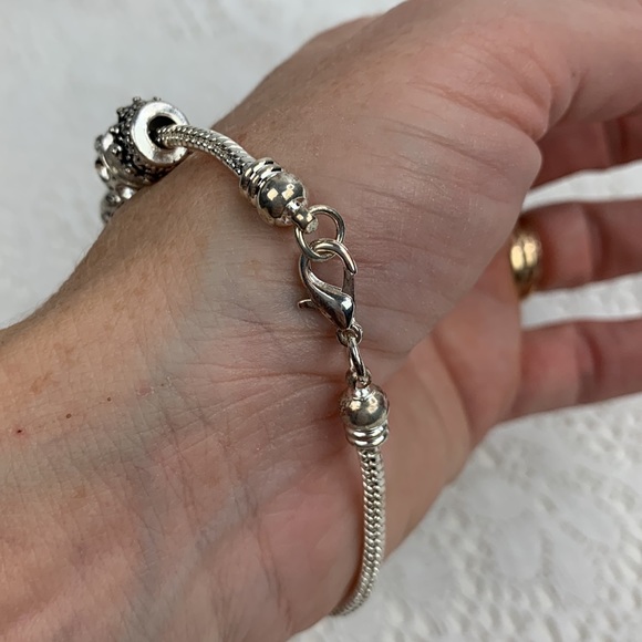 Silver Charm Snake Bracelet 8 charms Mom Baby feet Rhinestones Hook Clasp 8” - Picture 9 of 10